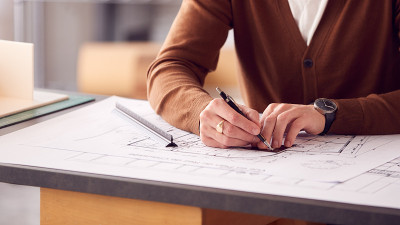男性建筑师在办公室修改建筑计划的特写