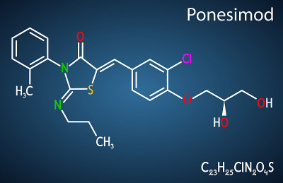 Ponesimod，实验性抗炎药物分子。多发性硬化症和银屑病的治疗。深蓝色背景上的结构化学式