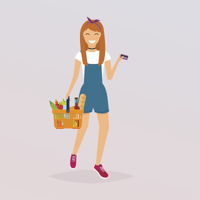 女人拿着篮子，里面装着食物和信用卡。平面设计现代矢量插图概念。