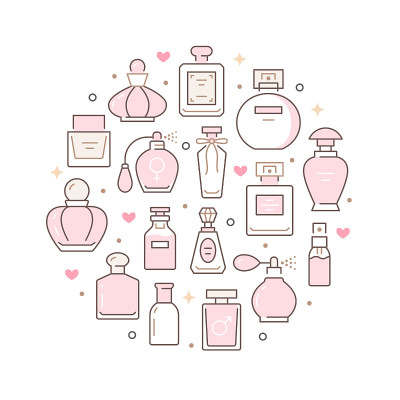 Perfume bottles circle poster with line icons. Vec