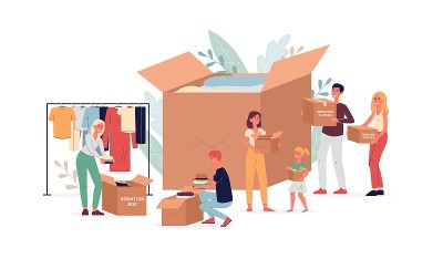 Clothing donation with volunteers and box, flat ve