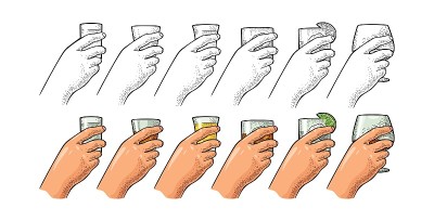 女子手握酒杯，杯中有白兰地，龙舌兰，伏特加，朗姆酒，杜松子酒，威士忌。雕刻