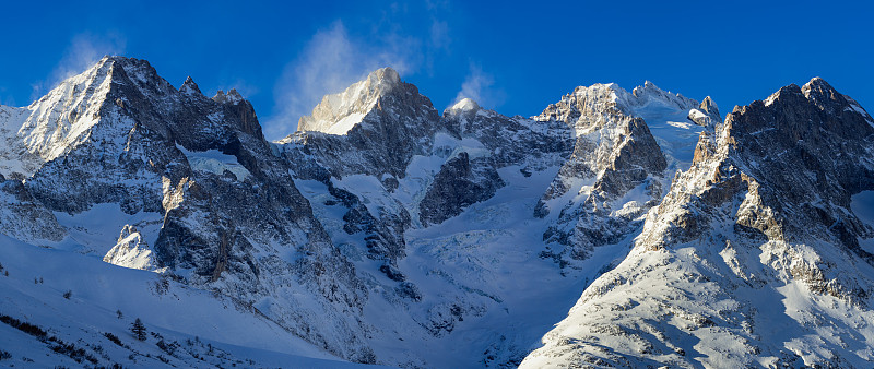 Ecrins国家公园(La Meije)的山峰的冬季全景。法国阿尔卑斯山，上阿尔卑斯，罗塔里特山坳