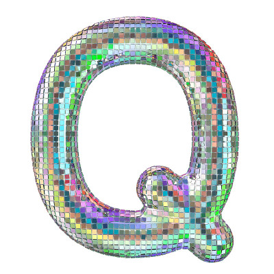 迪斯科字体，字母Q从闪光镜面面。3D渲染孤立的白色背景