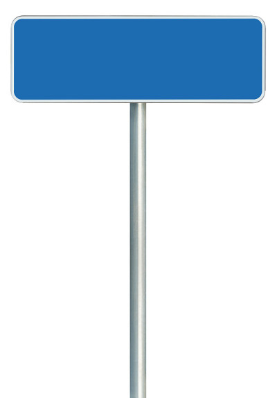 空白蓝色道路标志孤立，大的白色框架框架的路边招牌拷贝空间，空的背景，垂直杆柱