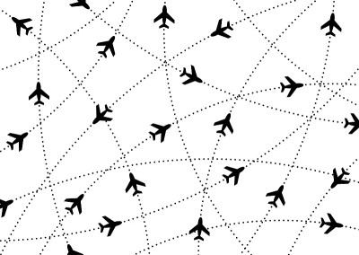飞机航线。航空旅行。空中交通的剪影。黑色飞机被孤立在白色背景上。