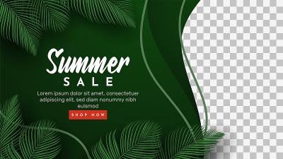 夏季销售横幅与热带树叶背景。矢量图