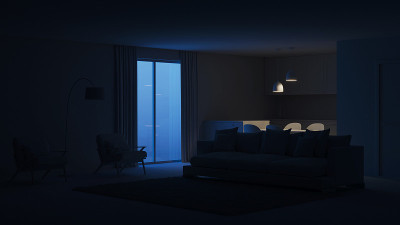 现代房子内部。的夜晚。晚上照明。3 d渲染。