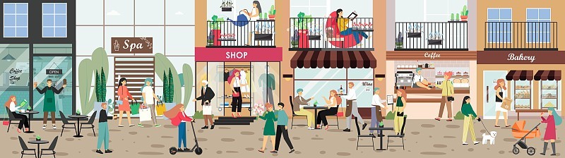 城市街道上有商店、咖啡馆、面包店、咖啡店、spa沙龙建筑和游客、购物者，平面矢量插图