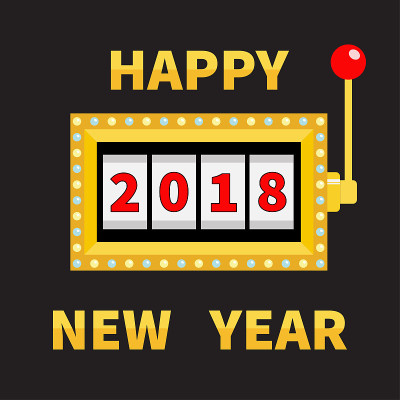 2018年新年快乐。老虎机。金光闪闪的灯光。大奖。红色手柄杆。大赢在线赌场，赌场会所标志标志。圣诞快