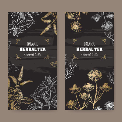 薄荷和甘菊有机草本茶的2个标签。