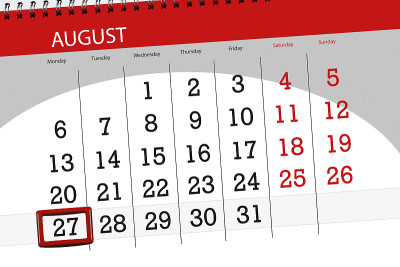 日历计划的月，截止日的一周，2018年8月27日，星期一