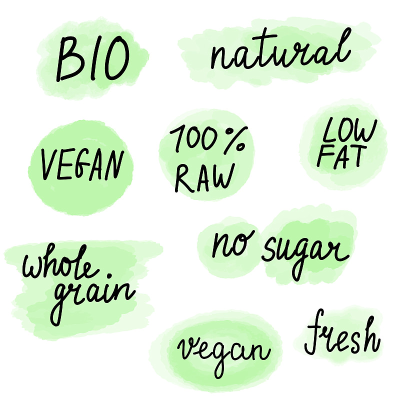 矢量健康食品贴纸上的水彩背景。手绘素食和生食字母徽章。全谷物，无糖，天然，生物，生食品标签