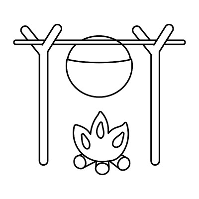 黑色和白色矢量锅炉挂在树枝上面的火。篝火锅轮廓插图孤立在白色的背景。秋夏季节的篝火线标志。