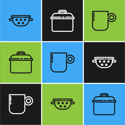Set line Kitchen colander, Coffee cup and Cooking 