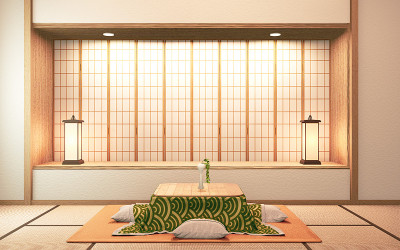 小tatsu矮桌和榻榻米枕头，房间日本。3 d rednering