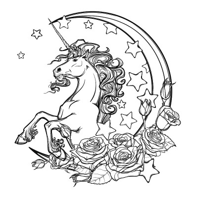 有新月星星和玫瑰图案的独角兽贺卡