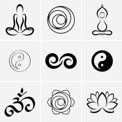 瑜伽的象征。东方设计元素。手绘集图标。涂鸦矢量插图。每股收益10