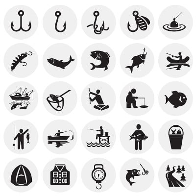 Fishing icon set on circles background for graphic