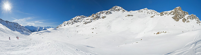 全景式下的雪覆盖山谷在阿尔卑斯山脉