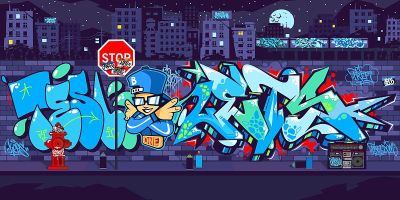 城市景观矢量插图艺术的背景下的黑暗户外城市涂鸦墙