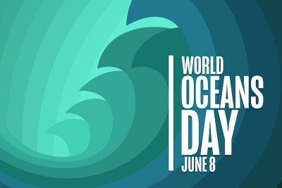 世界海洋日。6月8日。节日的概念。模板的背景，旗帜，卡片，海报与文字题词。向量EPS10插图。