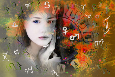 女性的脸，空间和星座和行星符号。