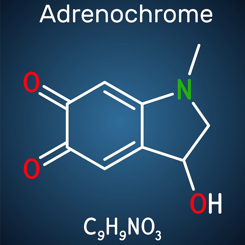 肾上腺素红,adraxone分子。它是由肾上腺素氧化产生的。结构化学公式在深蓝色背景上