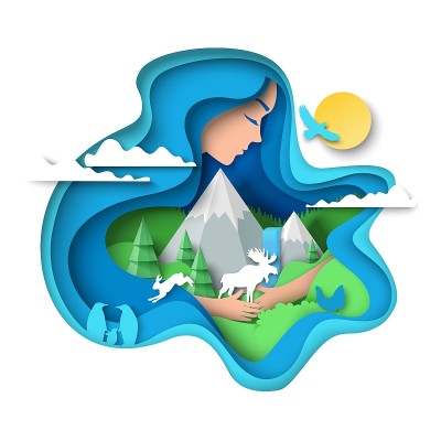 Girl hugging mountains, forest trees, wild animals