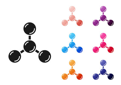 黑色分子图标孤立在白色背景。化学分子结构，科学教师创新教育海报。设置图标丰富多彩。向量
