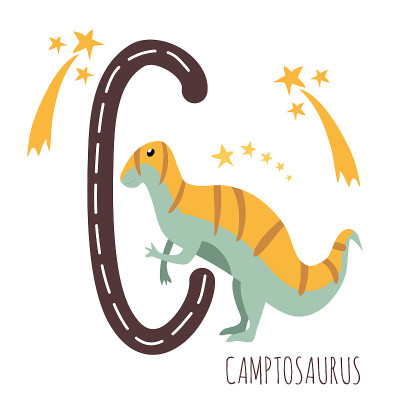 Camptosaurus。字母C带有爬行动物的名字。手绘可爱的食草恐龙。教育史前插图。恐龙字母表。素