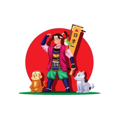 桃太郎和动物站在一起。日本英雄民间传说童话概念人物人物卡通插图向量