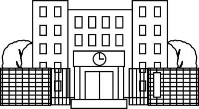 日本现代公立学校建筑有校门和树木的轮廓
