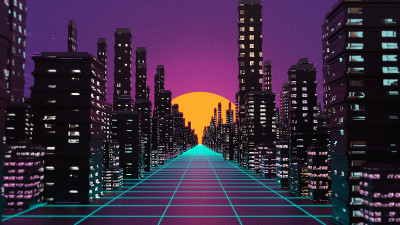 蒸汽波赛博城市背景。3D插画，3D渲染。