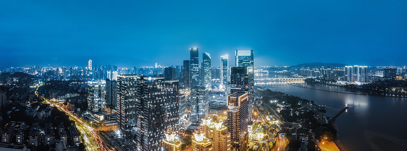 航拍福州闽江两岸城市建筑夜景
