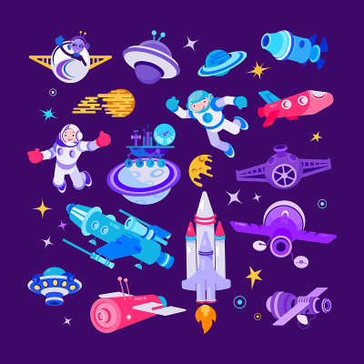 卡通空间和飞船矢量插图，宇航员与
