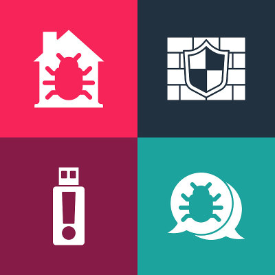 设置流行艺术系统bug, USB闪存驱动器，盾牌与砖墙和房子系统图标。向量