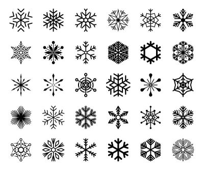 大组雪花图标孤立在白色背景。雪标志剪影，冬季、新年和圣诞节的装饰元素。矢量图
