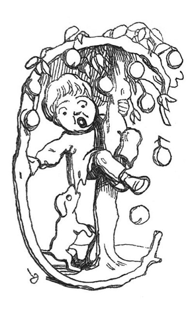 英国讽刺漫画漫画漫画插图-小男孩爬上一棵苹果树，下面有一只狗