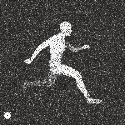 跑步的人。3D模型的人。黑白颗粒点状设计。点画矢量插图。