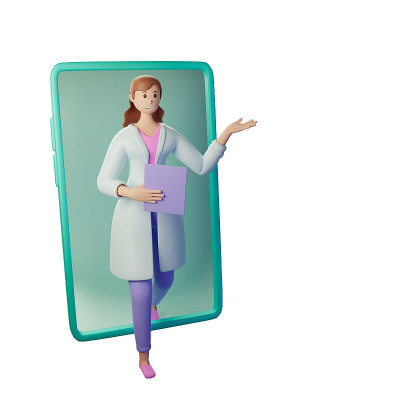 3d渲染，女医生从智能手机里出来展示。智能手机在医疗保健领域的应用。在线医疗咨询的概念