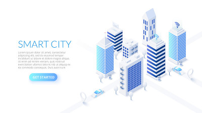 等距智慧城市插图。拥有摩天大楼和智能建筑的商业中心。城市的街道与计算机网络相连。物联网概念。