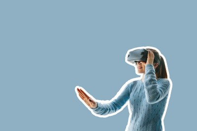 一个戴着虚拟现实眼镜的漂亮女孩。未来科技的概念。现代的成像技术