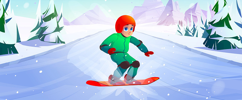 男孩在山下玩滑雪板