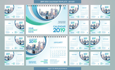 Desk Calendar 2019 template - 12 months included -