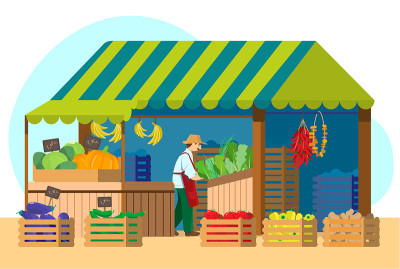 绿色食品市场与卖家的矢量图。