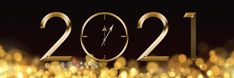 新年快乐!2021黄金光泽的背景上的黄金散景。新年钟。节日喜庆庆祝概念。圣诞贺卡。横幅