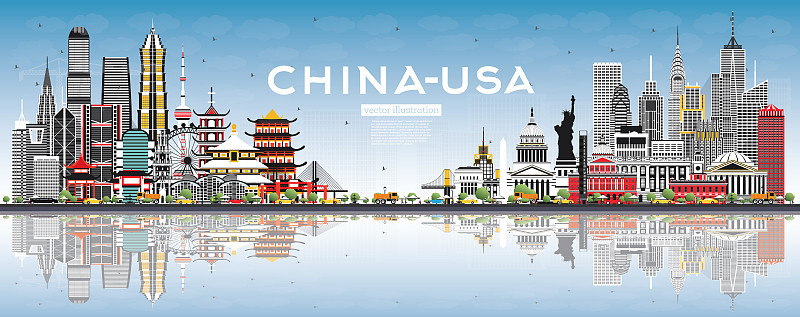 中国和美国的灰色建筑，蓝天和倒影的天际线。