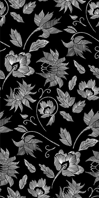 花卉无缝的背景图案与幻想的花和叶线艺术。刺绣花朵。矢量插图。