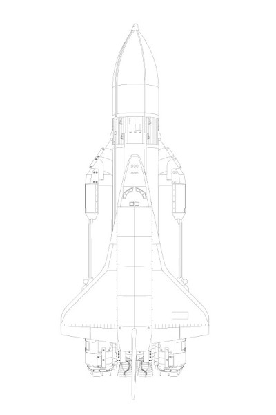 火箭的轮廓与宇宙飞船从黑色的线隔离在白色的背景。从以上观点。矢量图
